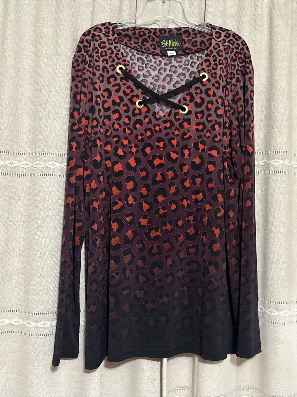 Bob Mackie Wearable Art Leopard Print Ombre Lace-Up Long Sleeve Top M